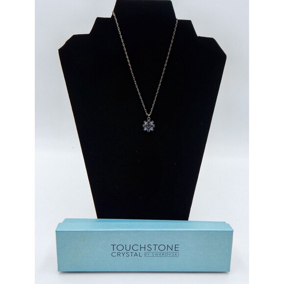 Touchstone Crystal Denim Flower Daisy Necklace Oxidized Silver Blue 15-18 Inch - Picture 1 of 6